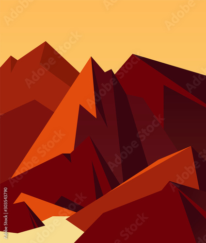 Mountain landscape with a river at sunset or morning in the mountains. Sports, tourism and travel. Vector flat design.
