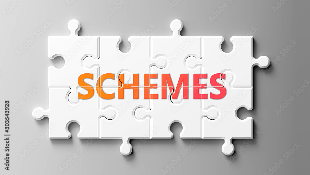 Schemes complex like a puzzle - pictured as word Schemes on a puzzle pieces to show that Schemes can be difficult and needs cooperating pieces that fit together, 3d illustration Schemes complex like a puzzle - pictured as word Schemes on a puzzle pieces to show that Schemes can be difficult and needs cooperating pieces that fit together, 3d illustration