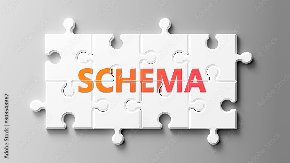Schema complex like a puzzle - pictured as word Schema on a puzzle pieces to show that Schema can be difficult and needs cooperating pieces that fit together, 3d illustration Schema complex like a puzzle - pictured as word Schema on a puzzle pieces to show that Schema can be difficult and needs cooperating pieces that fit together, 3d illustration