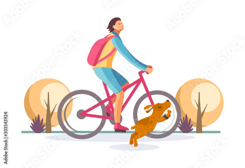 Man rides bicycle in the park on background city buildings summer sunny weather walking the dog. Active lifestyle sports athletics. Bike ride in the park cartoon vector illustration