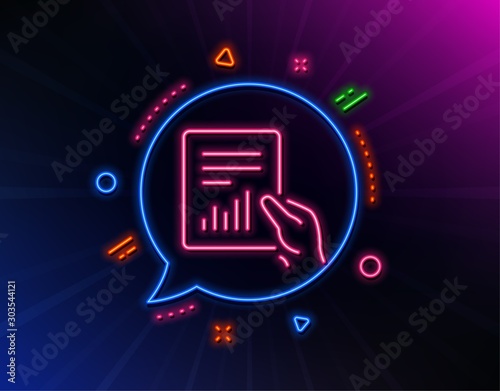Hold Report document line icon. Neon laser lights. Analysis Chart or Sales growth sign. Statistics data symbol. Glow laser speech bubble. Neon lights chat bubble. Vector