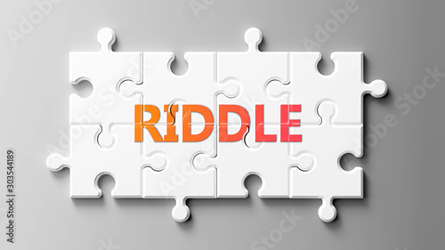 Riddle complex like a puzzle - pictured as word Riddle on a puzzle pieces to show that Riddle can be difficult and needs cooperating pieces that fit together, 3d illustration photo