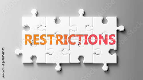 Restrictions complex like a puzzle - pictured as word Restrictions on a puzzle pieces to show that Restrictions can be difficult and needs cooperating pieces that fit together, 3d illustration photo