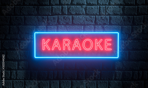 3d render of light night street neon Karaoke sing on brick wall. Advertising signboard for karaoke music bar, night club, disco night, retro party, show, live music