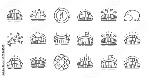 Sports stadium line icons. Ole chant, arena football, championship architecture. Arena stadium, sports competition, event flag icons. Sport complex linear set. Quality line set. Vector