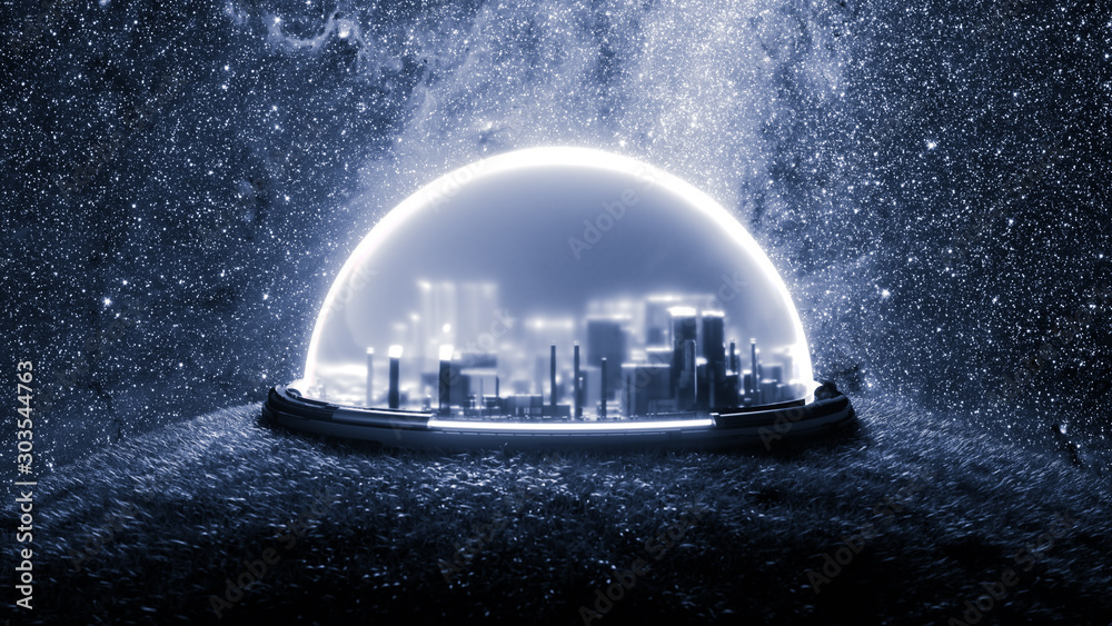 Φωτογραφία Isolated encapsulated futuristic city on landscape with vegetation on new habitable planet with life, 3d render, space colonization concept with space background and glowing neon monochrome