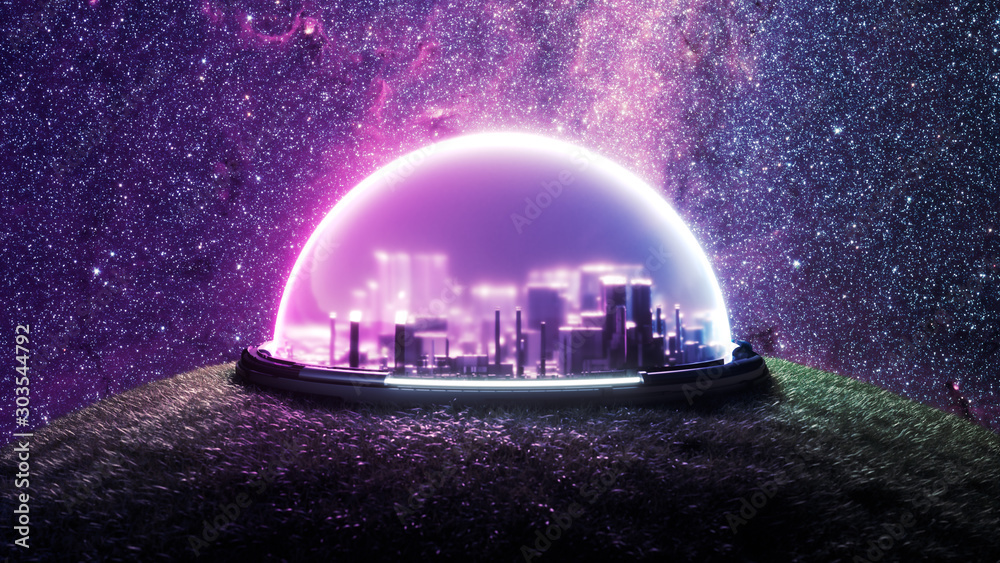 Φωτογραφία Isolated encapsulated futuristic city on landscape with vegetation on new habitable planet with life, 3d render, space colonization concept with space background and purple pink glowing neon