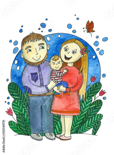 parents and child, watercolor illustration with family