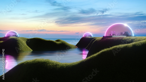 abstract encapsulated cities, on earth or on new habitable planet with life and water, on island, isolation of human pollution, global warming concept, rising water, 3d render, sunset background photo