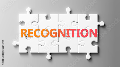 Recognition complex like a puzzle - pictured as word Recognition on a puzzle pieces to show that Recognition can be difficult and needs cooperating pieces that fit together, 3d illustration photo