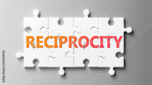 Reciprocity complex like a puzzle - pictured as word Reciprocity on a puzzle pieces to show that Reciprocity can be difficult and needs cooperating pieces that fit together, 3d illustration photo