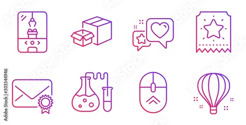 Loyalty ticket, Packing boxes and Verified mail line icons set. Heart, Chemistry lab and Swipe up signs. Crane claw machine, Air balloon symbols. Bonus star, Delivery box. Technology set. Vector