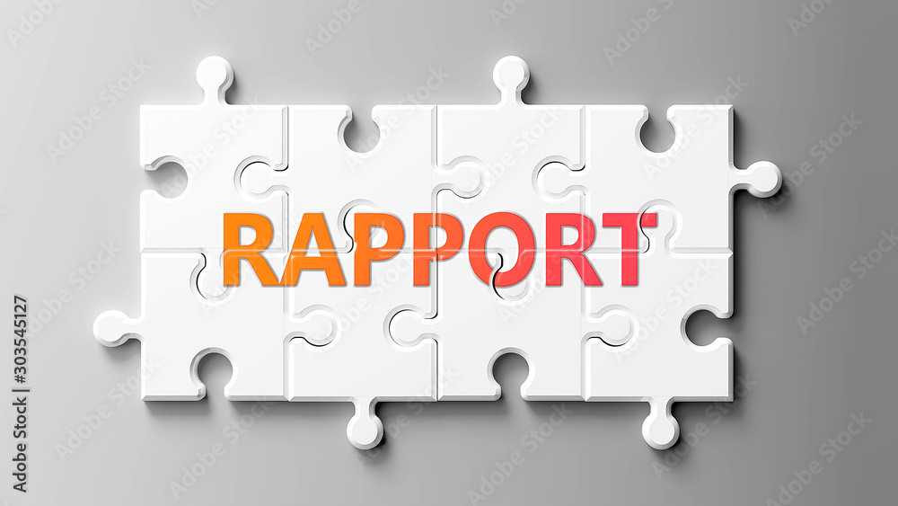 Rapport complex like a puzzle - pictured as word Rapport on a puzzle pieces to show that Rapport can be difficult and needs cooperating pieces that fit together, 3d illustration Rapport complex like a puzzle - pictured as word Rapport on a puzzle pieces to show that Rapport can be difficult and needs cooperating pieces that fit together, 3d illustration