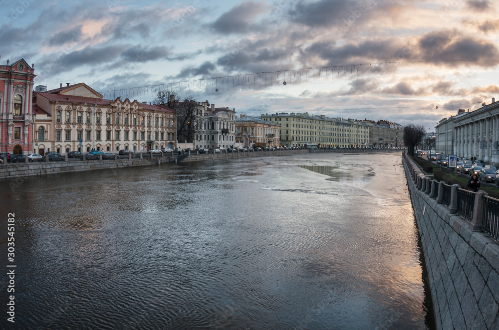 Saint-Petersburg. View of the mansion of Countess Karlova from Anichkov bridge.