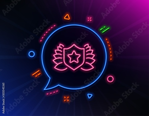 Award shield line icon. Neon laser lights. Laurel wreath symbol. Laureate sign. Glow laser speech bubble. Neon lights chat bubble. Banner badge with laureate icon. Vector