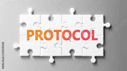 Protocol complex like a puzzle - pictured as word Protocol on a puzzle pieces to show that Protocol can be difficult and needs cooperating pieces that fit together, 3d illustration photo