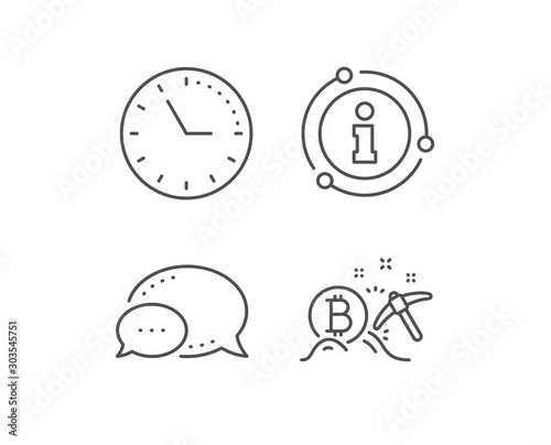 Bitcoin mining line icon. Chat bubble, info sign elements. Cryptocurrency coin sign. Crypto money pickaxe symbol. Linear bitcoin mining outline icon. Information bubble. Vector
