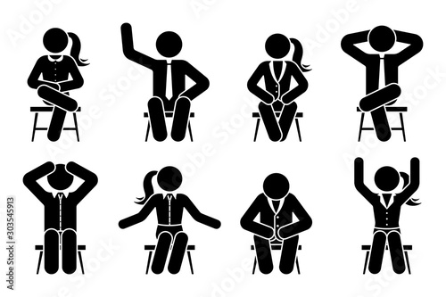 Sitting on chair stick figure business man and woman different poses pictogram vector icon set. Boy and girl silhouette seated happy, comfy, sad, tired, depressed sign on white background