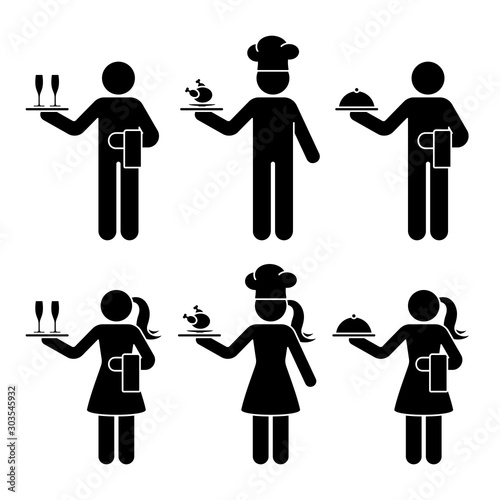 Stick figure waiter, waitress, chef cook man and woman vector icon pictogram set. Standing with champagne glasses, chicken food, tray restaurant service silhouette on white