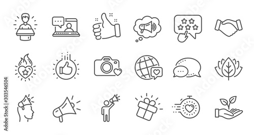 Brand ambassador line icons. Influence people, Megaphone and Representative. Handshake, influencer marketing person, ambassador person icons. Linear set. Quality line set. Vector