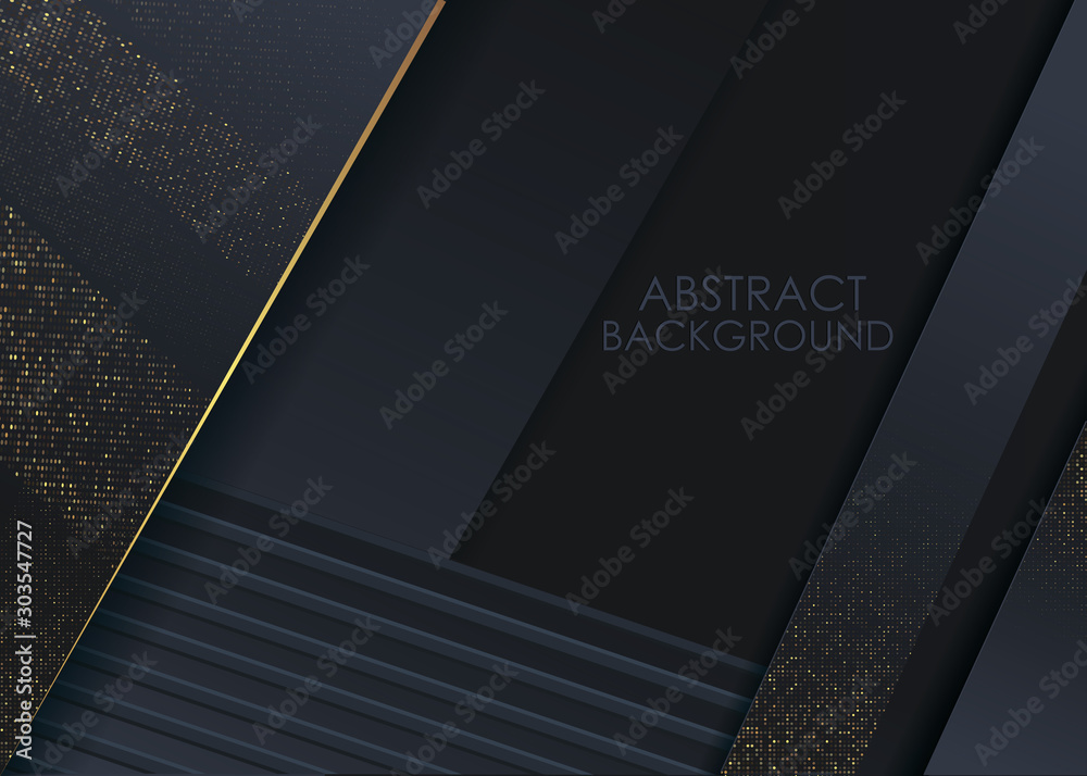 Abstract 3d luxury black background with glitter. Black banner with gold dots. Vector background.