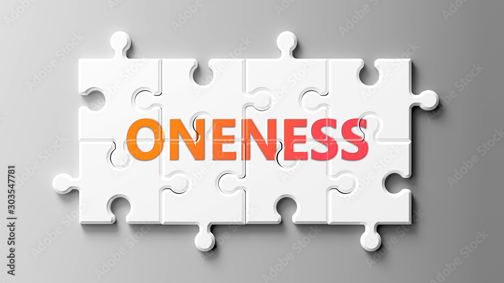 Oneness complex like a puzzle - pictured as word Oneness on a puzzle pieces to show that Oneness can be difficult and needs cooperating pieces that fit together, 3d illustration Oneness complex like a puzzle - pictured as word Oneness on a puzzle pieces to show that Oneness can be difficult and needs cooperating pieces that fit together, 3d illustration