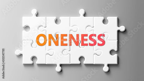 Oneness complex like a puzzle - pictured as word Oneness on a puzzle pieces to show that Oneness can be difficult and needs cooperating pieces that fit together, 3d illustration