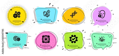 Service, Statistics timer and Computer fan line icons set. Chat bubbles with quotes. Cogwheel, Seo gear and Chemistry dna signs. Face declined, Anti-dandruff flakes symbols. Vector