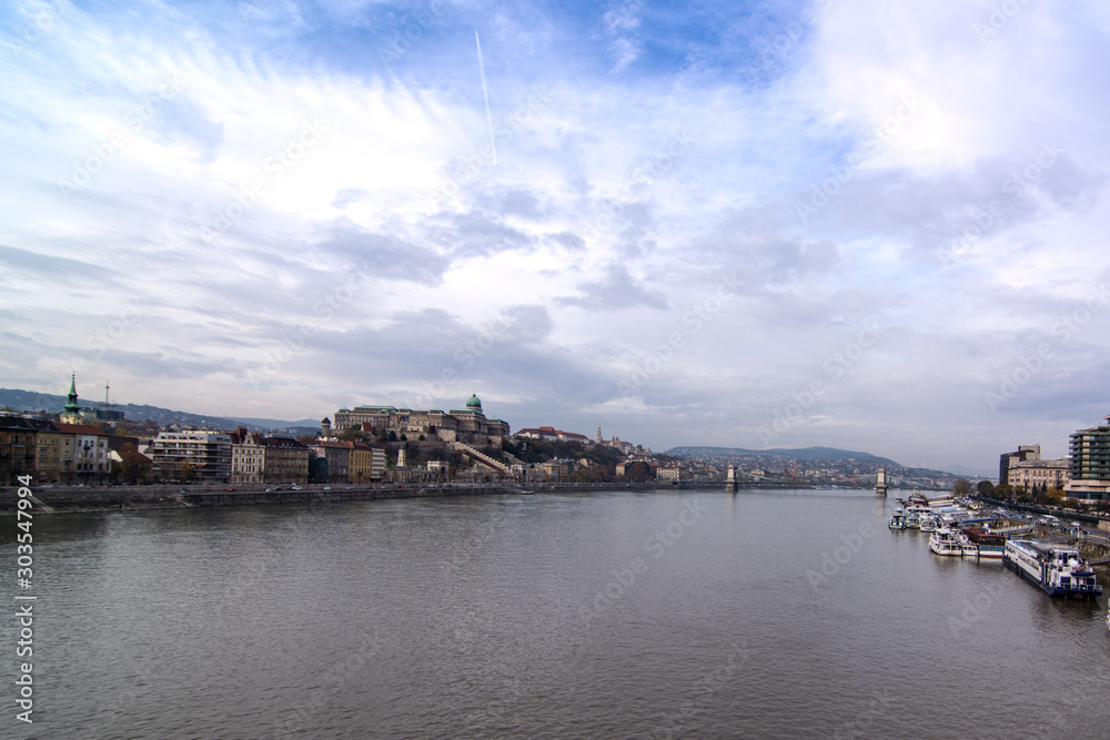panorama on the Danube bridge with budapest in the background