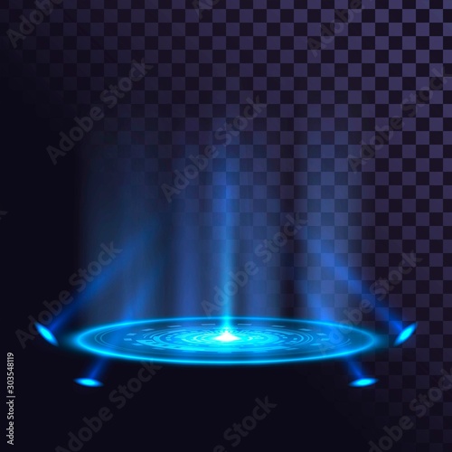 Radiant round element on the floor, futuristic pedestal, laser