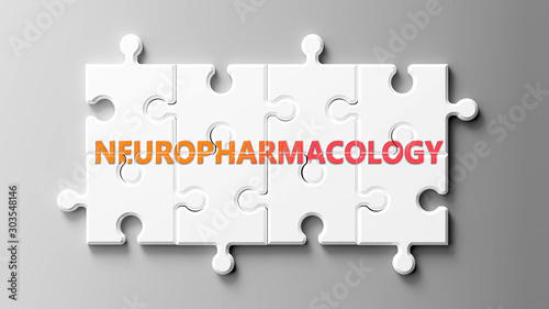 Neuropharmacology complex like a puzzle - pictured as word Neuropharmacology on a puzzle to show that it can be difficult and needs cooperating pieces that fit together, 3d illustration photo