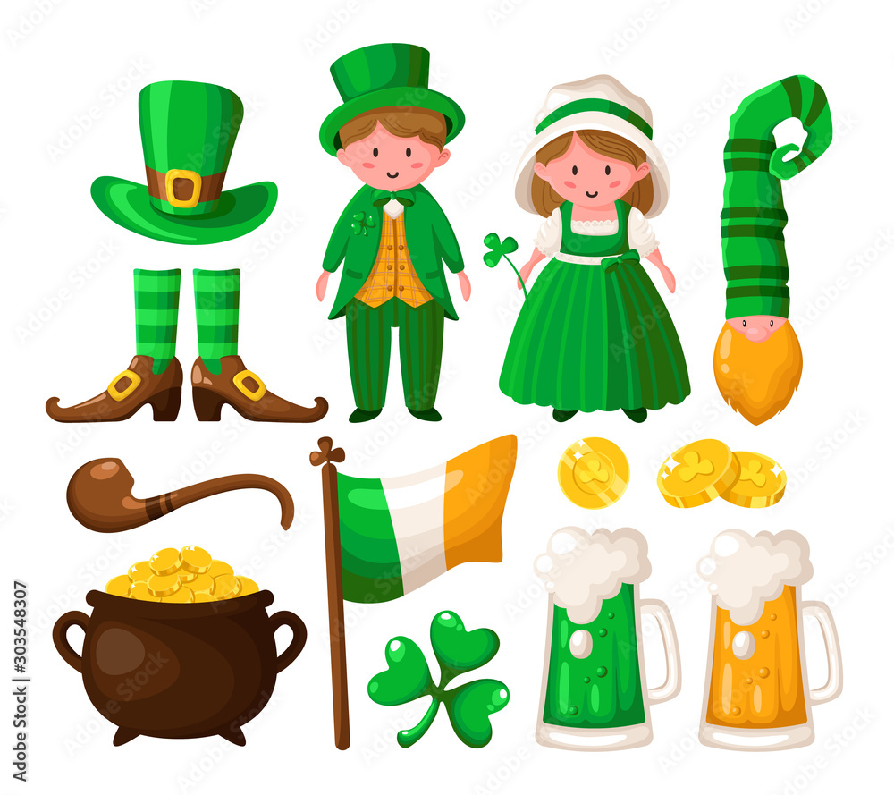 Saint Patricks Day cartoon shamrock, leprechaun, a pot of gold coins, cute boy and girl in green retro costumes, smoking pipe, bowler hat, beer or ale, vector set isolated on white Saint Patricks Day cartoon shamrock, leprechaun, a pot of gold coins, cute boy and girl in green retro costumes, smoking pipe, bowler hat, beer or ale, vector set isolated on white