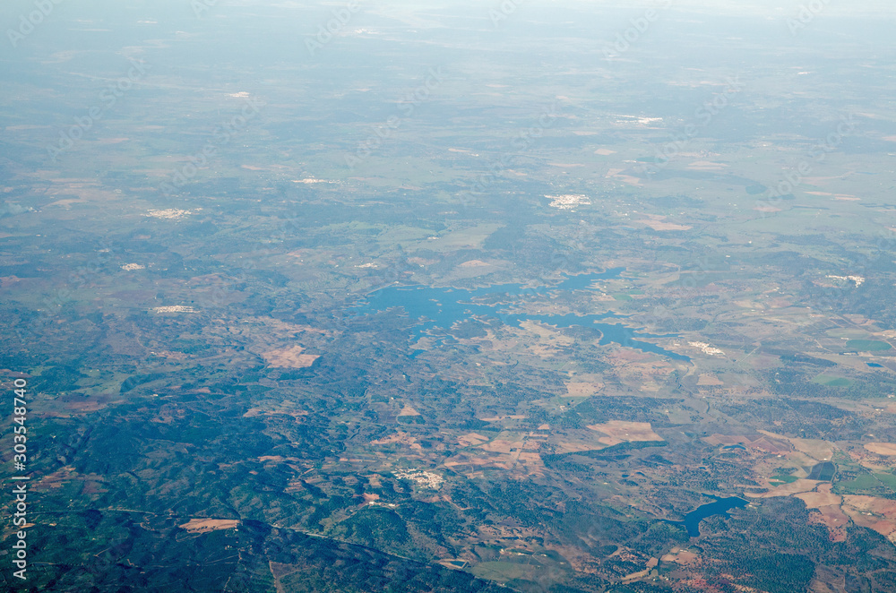 Aerial view of the Albergaria Dos Fusos dam near Cuba, Portugal