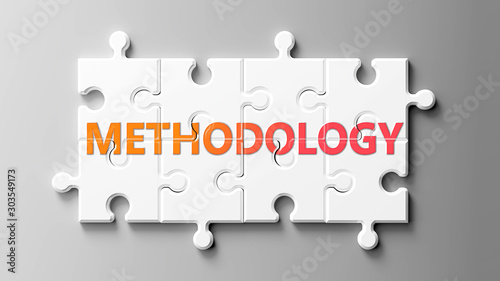 Methodology complex like a puzzle - pictured as word Methodology on a puzzle pieces to show that Methodology can be difficult and needs cooperating pieces that fit together, 3d illustration photo