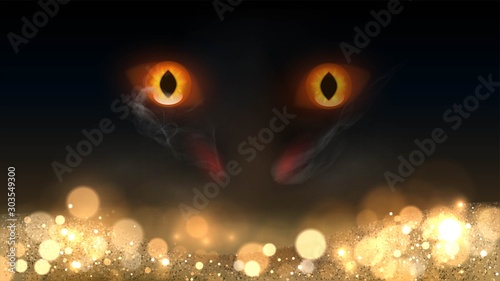 Fire-breathing dragon in a dark cave guards gold, dragon's treasures