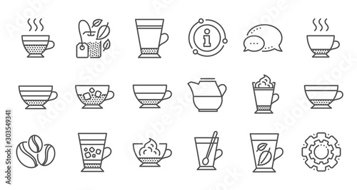 Coffee types and Tea icons. Mocha, Cappuccino and Latte. Americano cup linear icon set. Quality line set. Vector