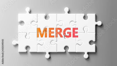 Merge complex like a puzzle - pictured as word Merge on a puzzle pieces to show that Merge can be difficult and needs cooperating pieces that fit together, 3d illustration