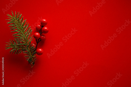 Christmas decoration of holly berry and pine cone on red background.