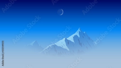 Snowy top of the mountain in fog, moon and Alps landscape