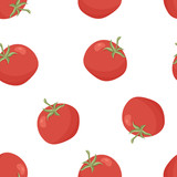 Seamless food vector pattern. Cartoon hand drawn red tomato on white background. Flat illustration for textile, wallpaper, package design. Colored fresh vegetable with green leaves and sprig