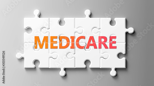 Medicare complex like a puzzle - pictured as word Medicare on a puzzle pieces to show that Medicare can be difficult and needs cooperating pieces that fit together, 3d illustration