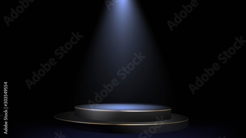 Empty scene with spotlights in a dark room, a black pedestal with backlight