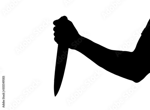 Black silhouette of a hand with a knife isolated on white background