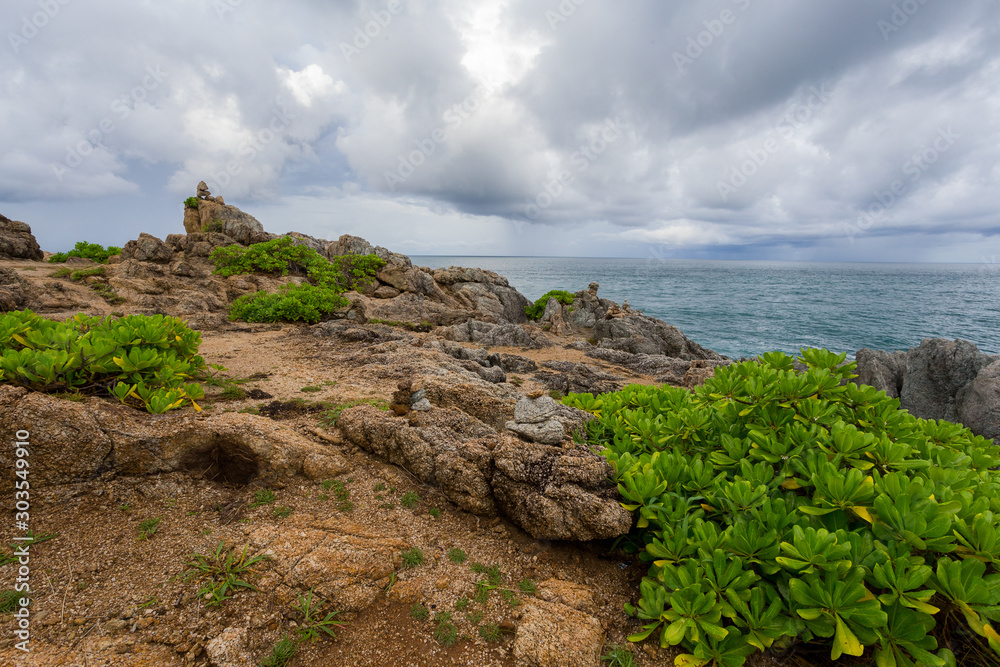 Coast of the cape in the Andaman Sea, landscape in cloudy weather, rocks and bushes on the shore