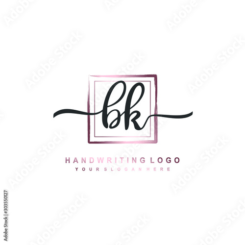 BK Initial handwriting logo design with brush box lines dark pink color gradation. handwritten logo for fashion, team, wedding, luxury logo.