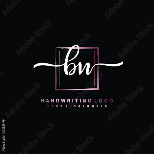 BN Initial handwriting logo design with brush box lines dark pink color gradation. handwritten logo for fashion, team, wedding, luxury logo.