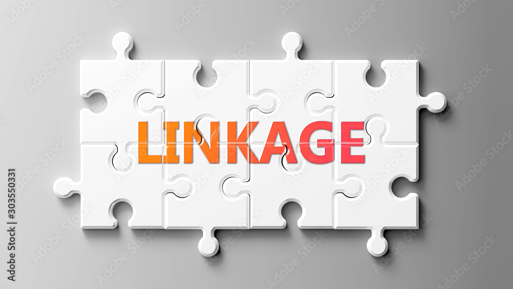 Αυτοκόλλητο Linkage complex like a puzzle - pictured as word Linkage on a puzzle pieces to s