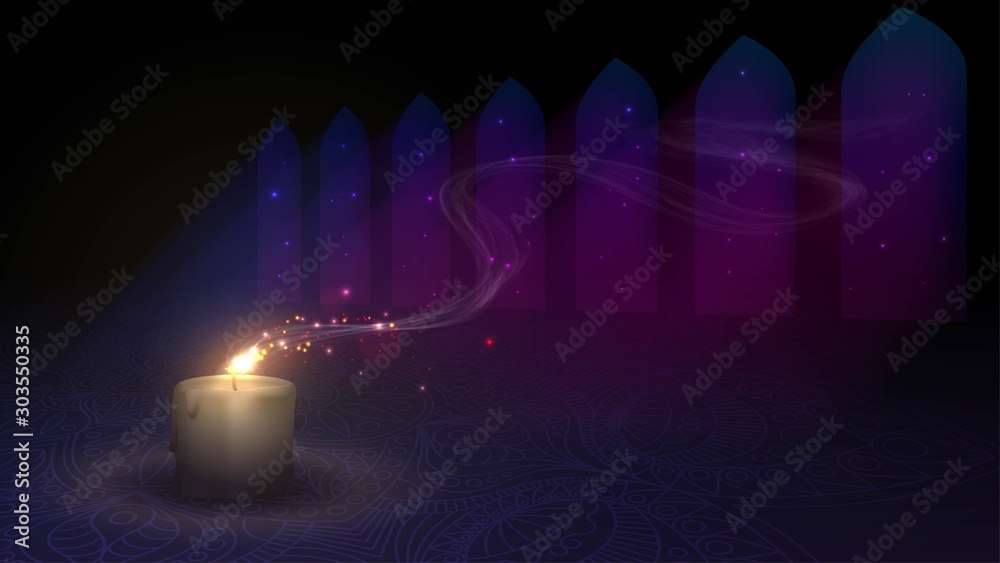 Εκτύπωση καμβά Burning candle in a dark room with windows