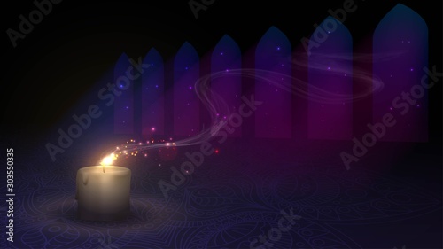 Burning candle in a dark room with windows. Illustration for indian or muslim holidays