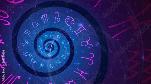 Background with spiral symbols of the zodiac signs in space. Astrology, esotericism, prediction of the future.